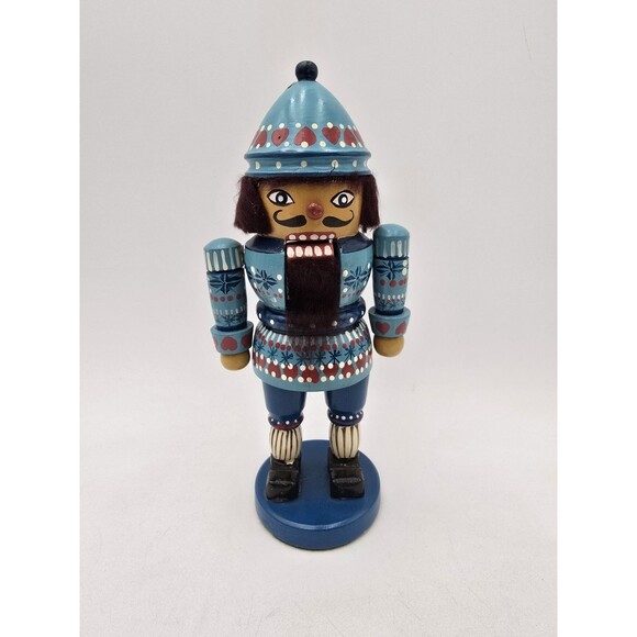 Vintage Nutcracker Blue Hat Sweater Moustache 9.5" Wooden - Picture 1 of 7